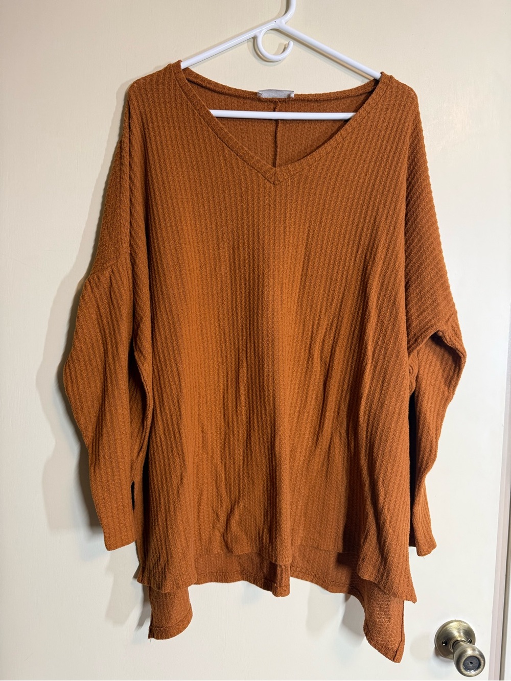 Zenana Outfitters V-Neck Waffle Knit Sweater - Rust Orange